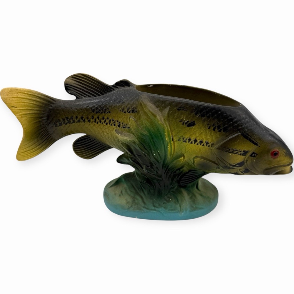 Vtg Ceramic Fish Planter Striped Bass 10" Japan Gift 50's Cabin Man‎ Cave